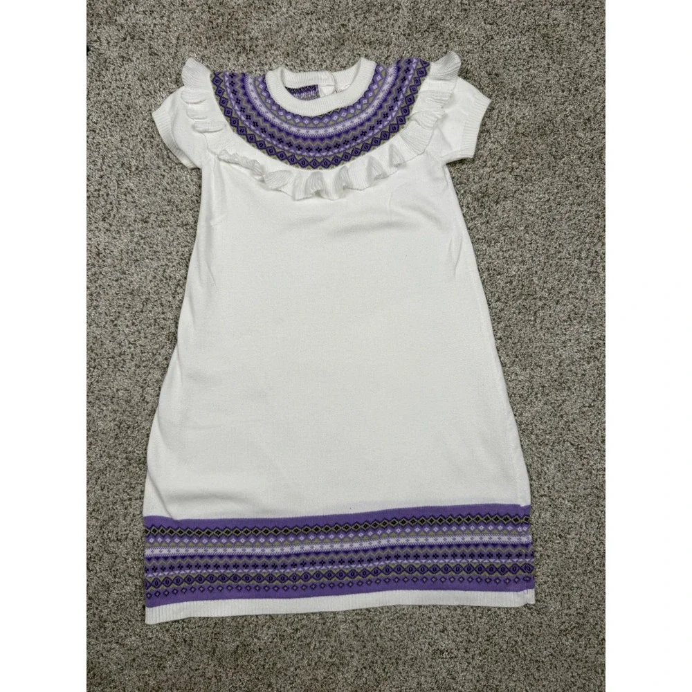 Gymboree Sweater Dress Fair Isle Cotton 6 White Purple Ruffle Flutter Sleeve